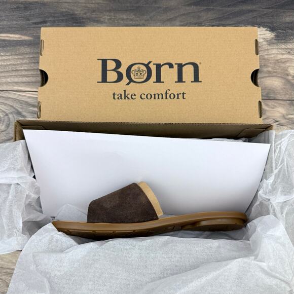 NIB Born Miarra 8M 38-39 Brown Suede Big Buckle Slide Sandals Brown Distressed - Picture 10 of 11